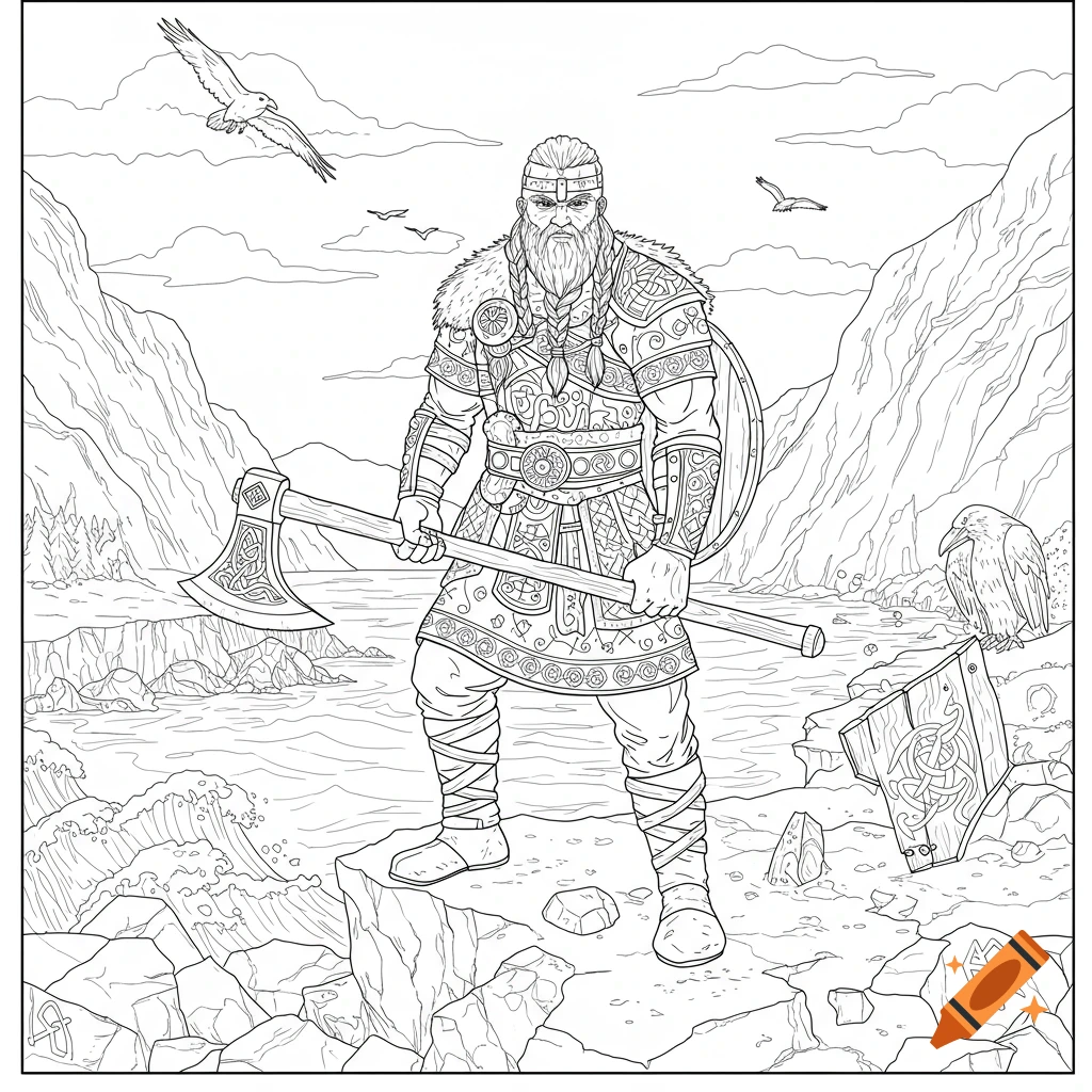 Line art of a bearded viking warrior with an axe standing on a rocky cliff by a wavy sea, with mountains and birds, in a coloring book style.