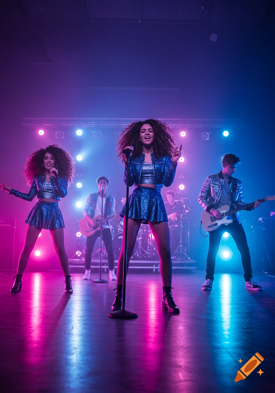 A vibrant photorealistic image of a music group performing on stage under purple and blue lights.