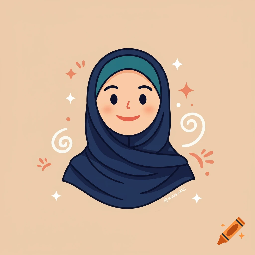 A cute cartoon illustration of a smiling person wearing a blue hijab and a teal undercap, surrounded by white swirls and orange sparkles on a light beige background.