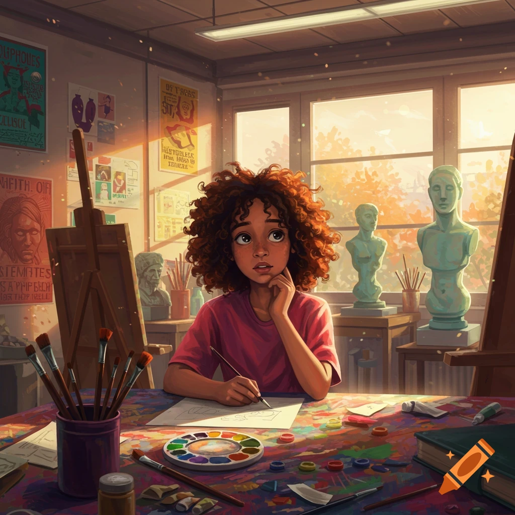 A young girl with curly hair sits at a table in an art studio, drawing. Sunlight streams through a window in the background.