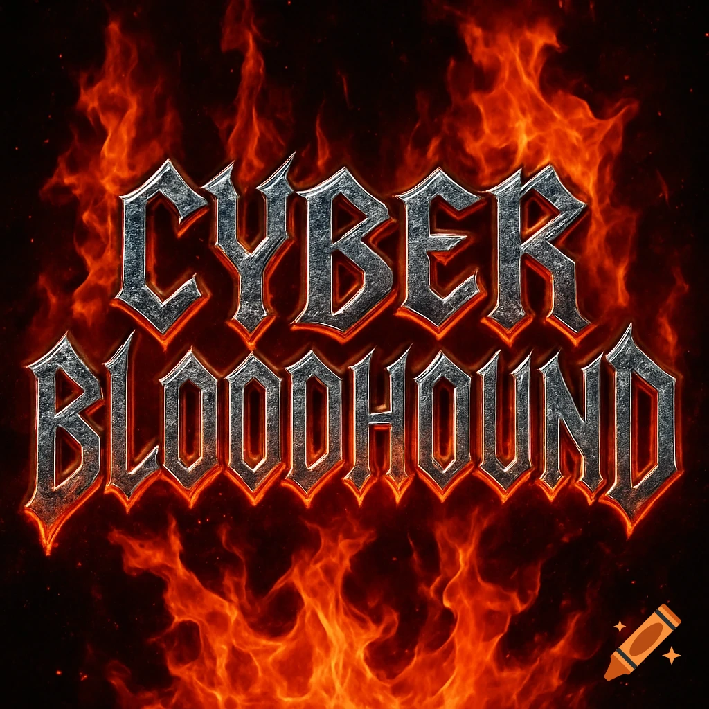 Metallic 'Cyber Bloodhound' text engulfed in vibrant orange and red flames.