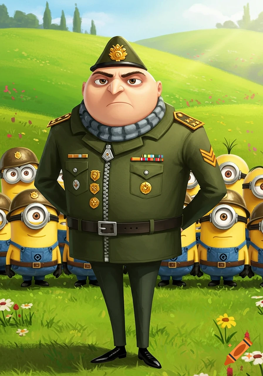 Gru as a drill sergeant with Minions dressed as soldiers standing at attention in a green field, in animated style.