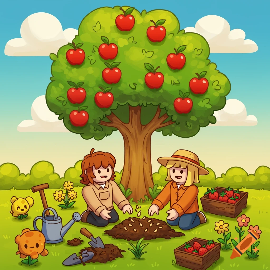 Two cartoon characters, a boy and a girl, are planting seeds in a garden under a large apple tree, surrounded by flowers and small friendly creatures. The scene is bright and cheerful.