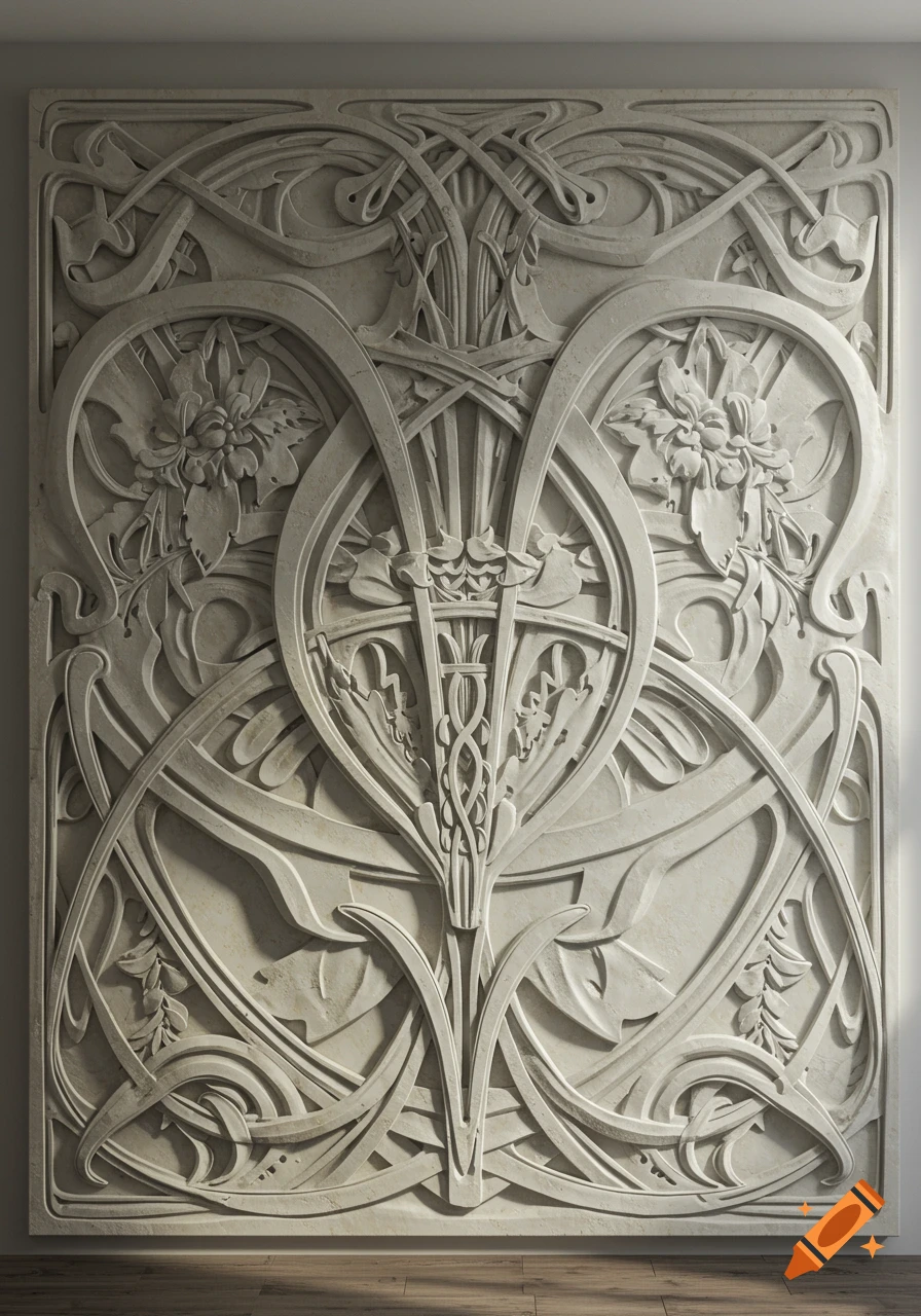 A large, ornate Art Nouveau style plaster wall carving featuring intricate floral and organic patterns with detailed shadows.