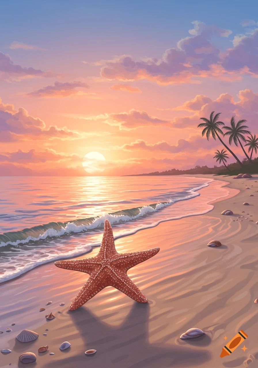 Vibrant illustration of a starfish on a sandy beach at sunset, with waves gently rolling in and palm trees in the distance.