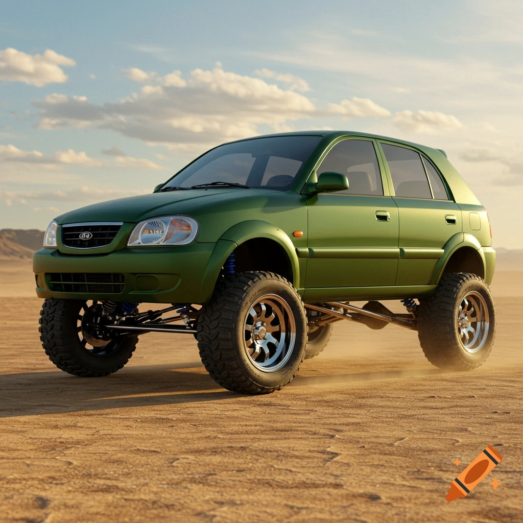 A green lifted 2003 Kia Rio drives through a dusty desert landscape under a clear sky.