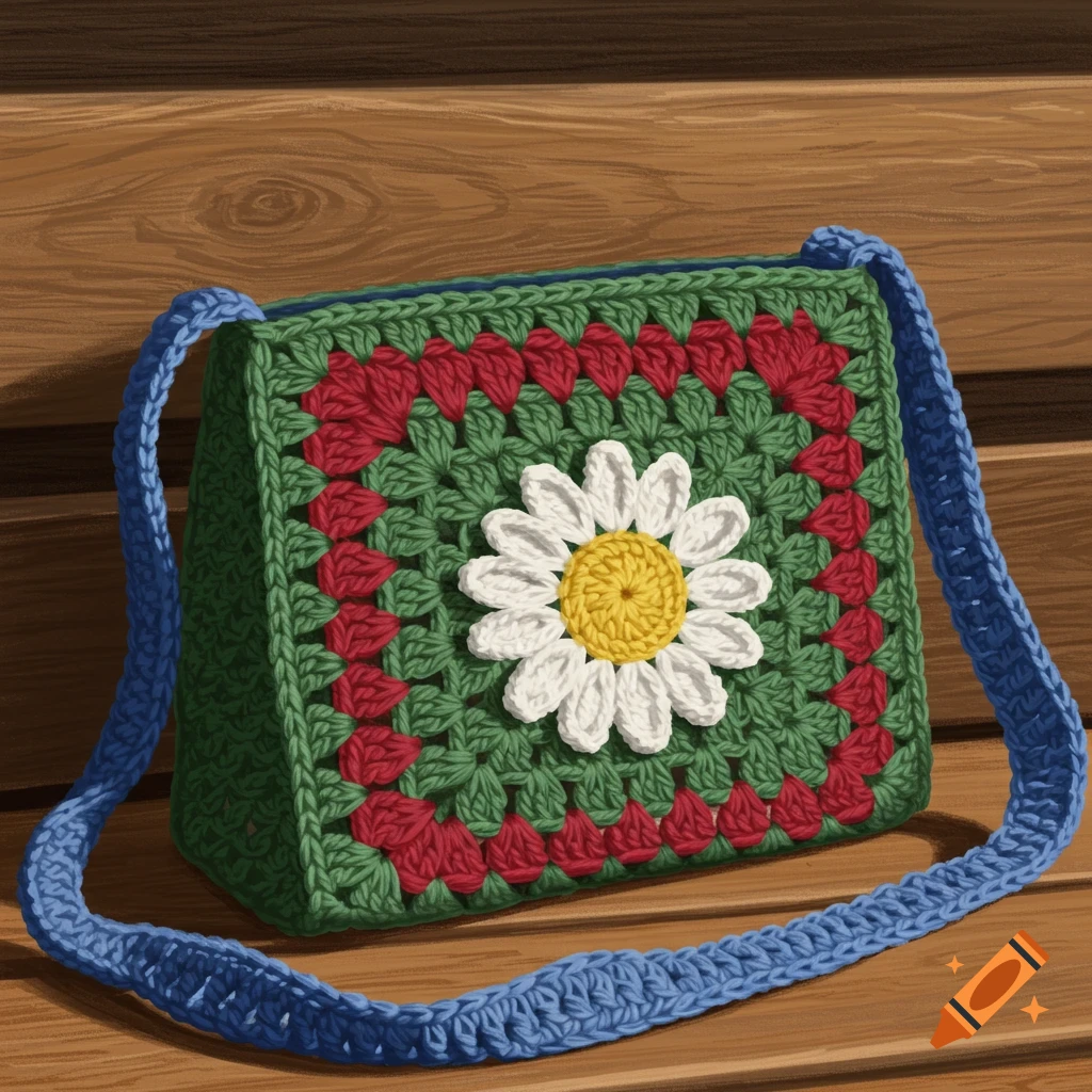A vibrant green crochet granny square handbag with a white and yellow daisy in the center, red accents, and blue straps, resting on a wooden surface.