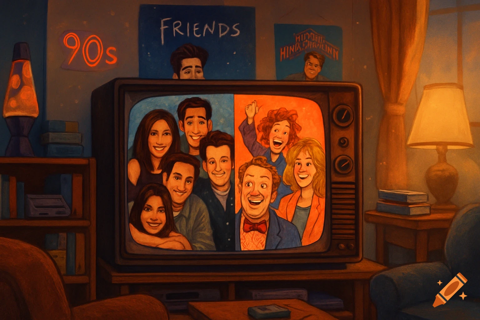 A stylized illustration of a cozy 90s living room with a large TV showing various sitcom characters. Posters for 'Friends' and a garbled 'Muddling Through' show are on the wall, along with a '90s' neon sign.
