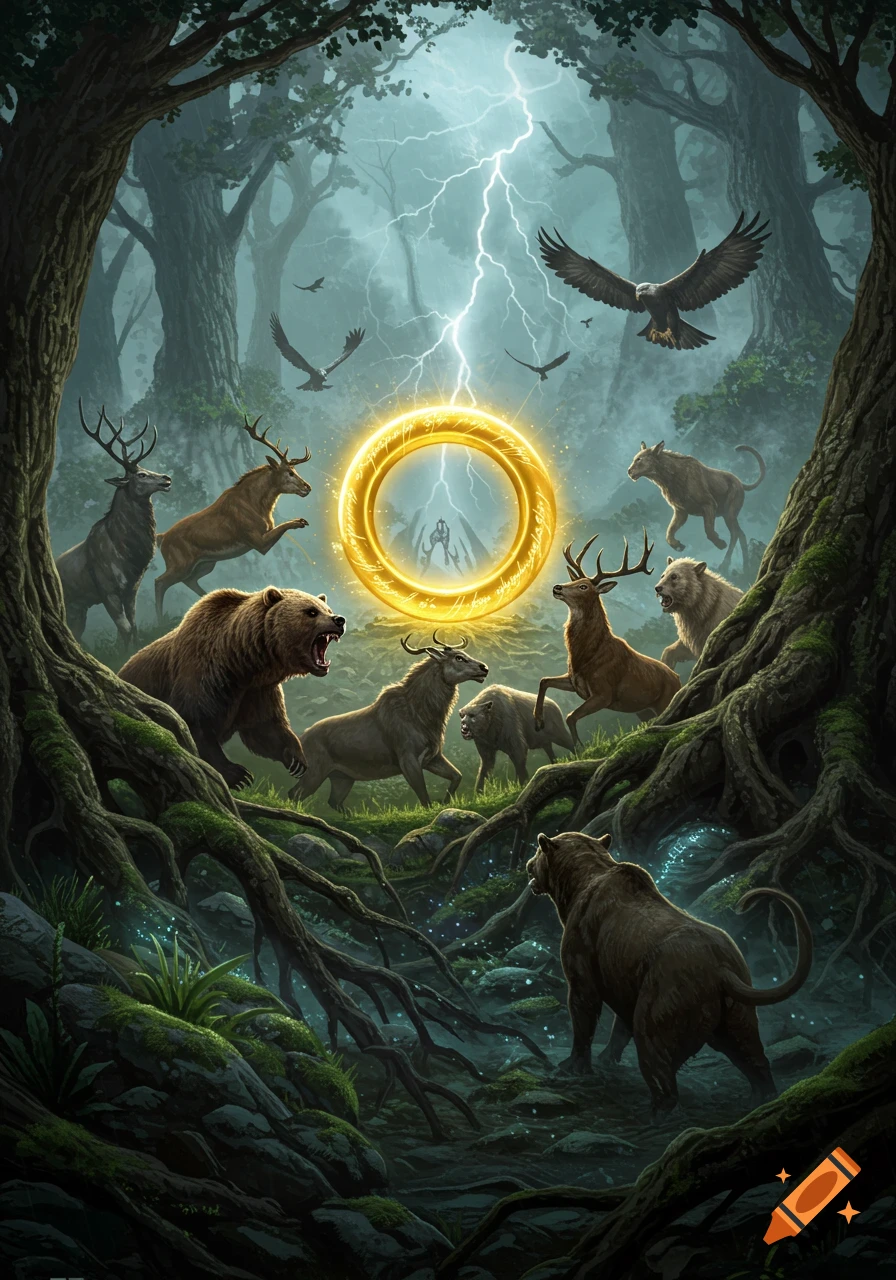 A dramatic fantasy scene in a dark forest with lightning, featuring various animals gathered around a glowing golden ring.