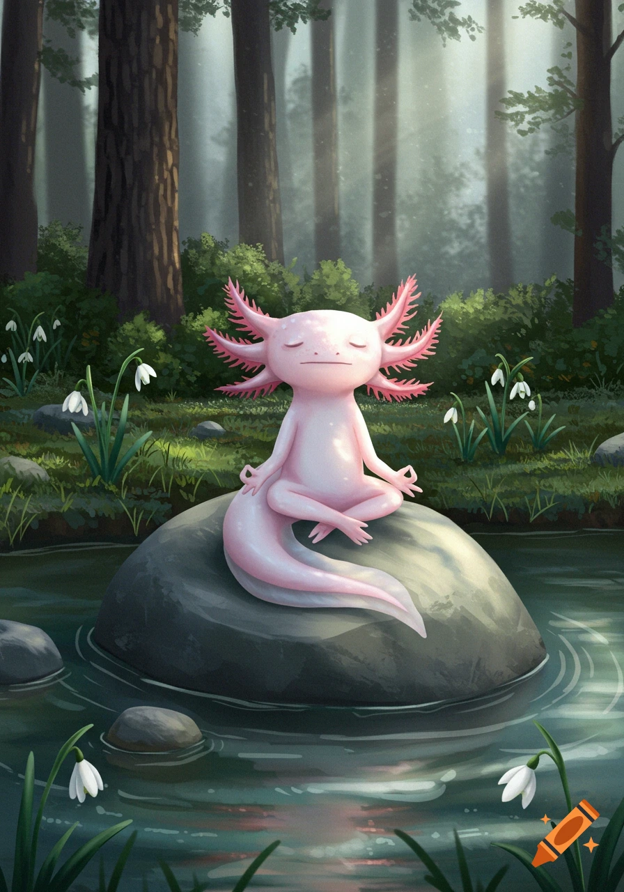 A pink axolotl meditates peacefully in a forest stream, sitting on a rock with snowdrop flowers around it. Stylized illustration.