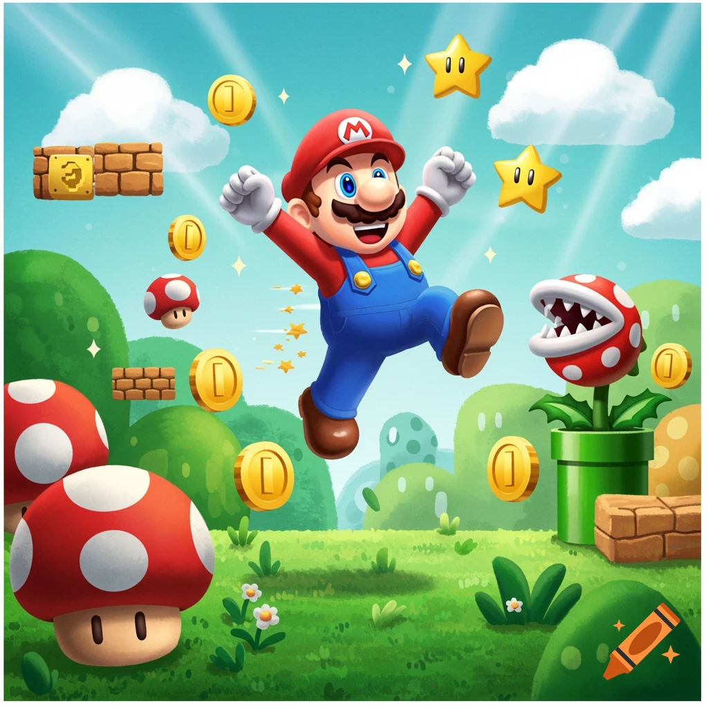 Vibrant illustration of Mario jumping with coins, stars, mushrooms, and a Piranha Plant in a colorful game world.