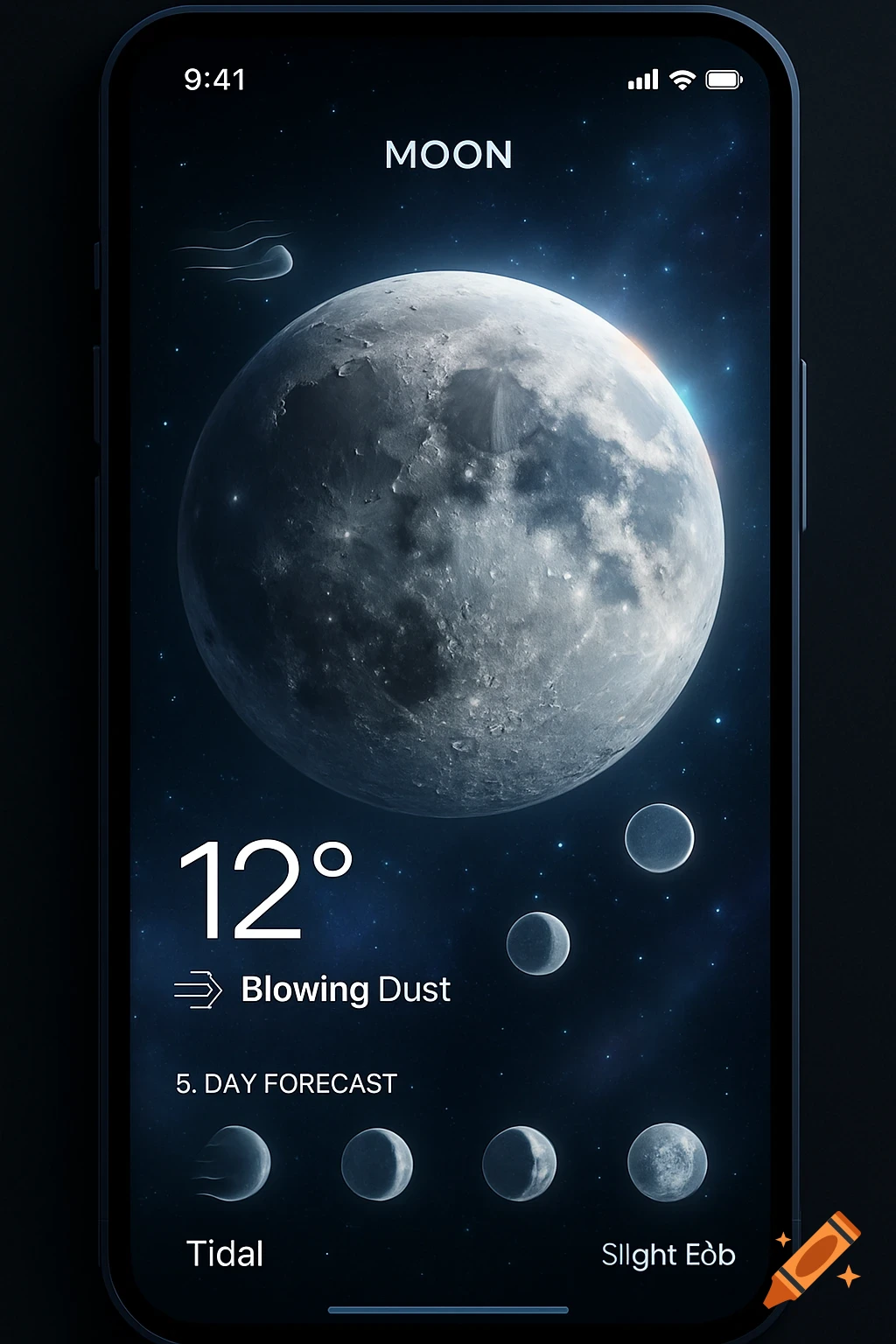 A smartphone displaying a lunar weather forecast app. The screen shows a large moon, a temperature of 12 degrees Celsius, "Blowing Dust," a "5. Day Forecast," and various moon phases.