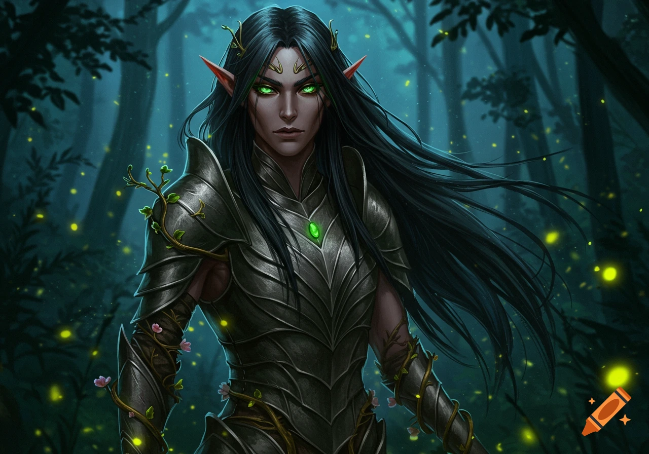 A dark-haired, green-eyed elf in intricate armor with vines, standing in a magical forest with glowing lights.