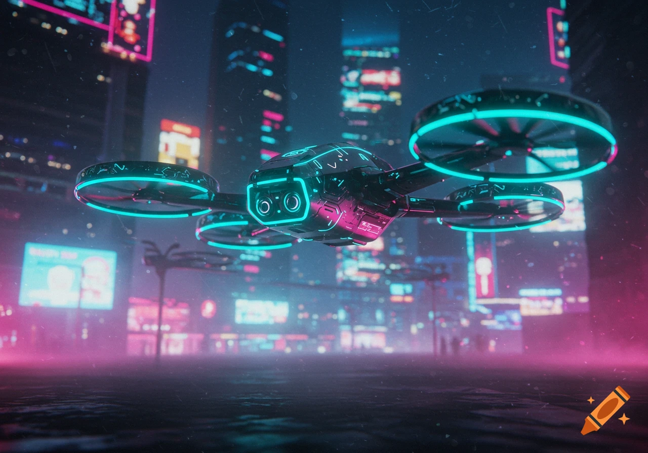 A futuristic drone with glowing teal and pink lights hovers in a neon-lit cyberpunk city at night, with tall buildings in the background.