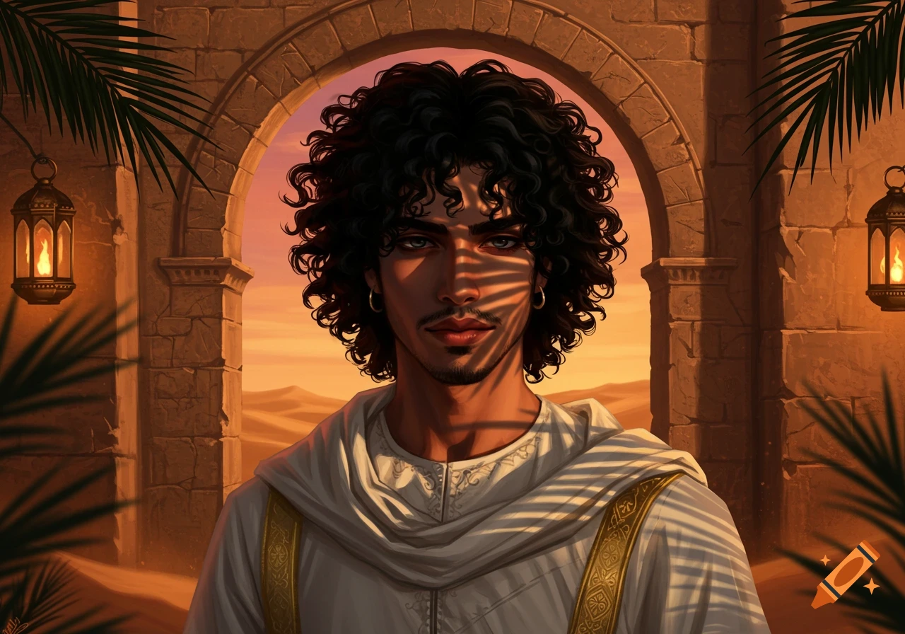 A young man with curly dark hair and a beard in white robes stands under stone arches in a desert at sunset. Palm fronds and lanterns frame him.