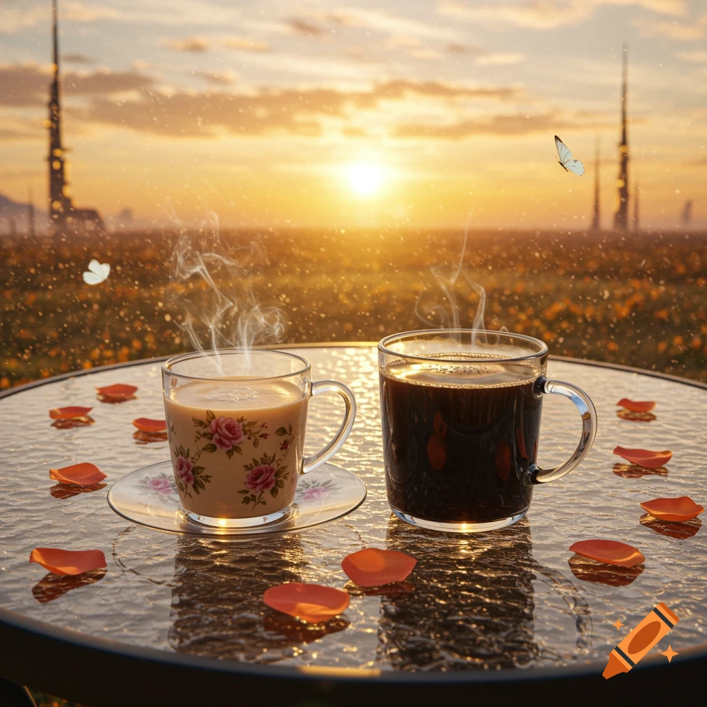 Two steaming cups, one floral tea and one dark coffee, on a reflective glass table at sunset in a magical alien landscape with futuristic towers and butterflies.