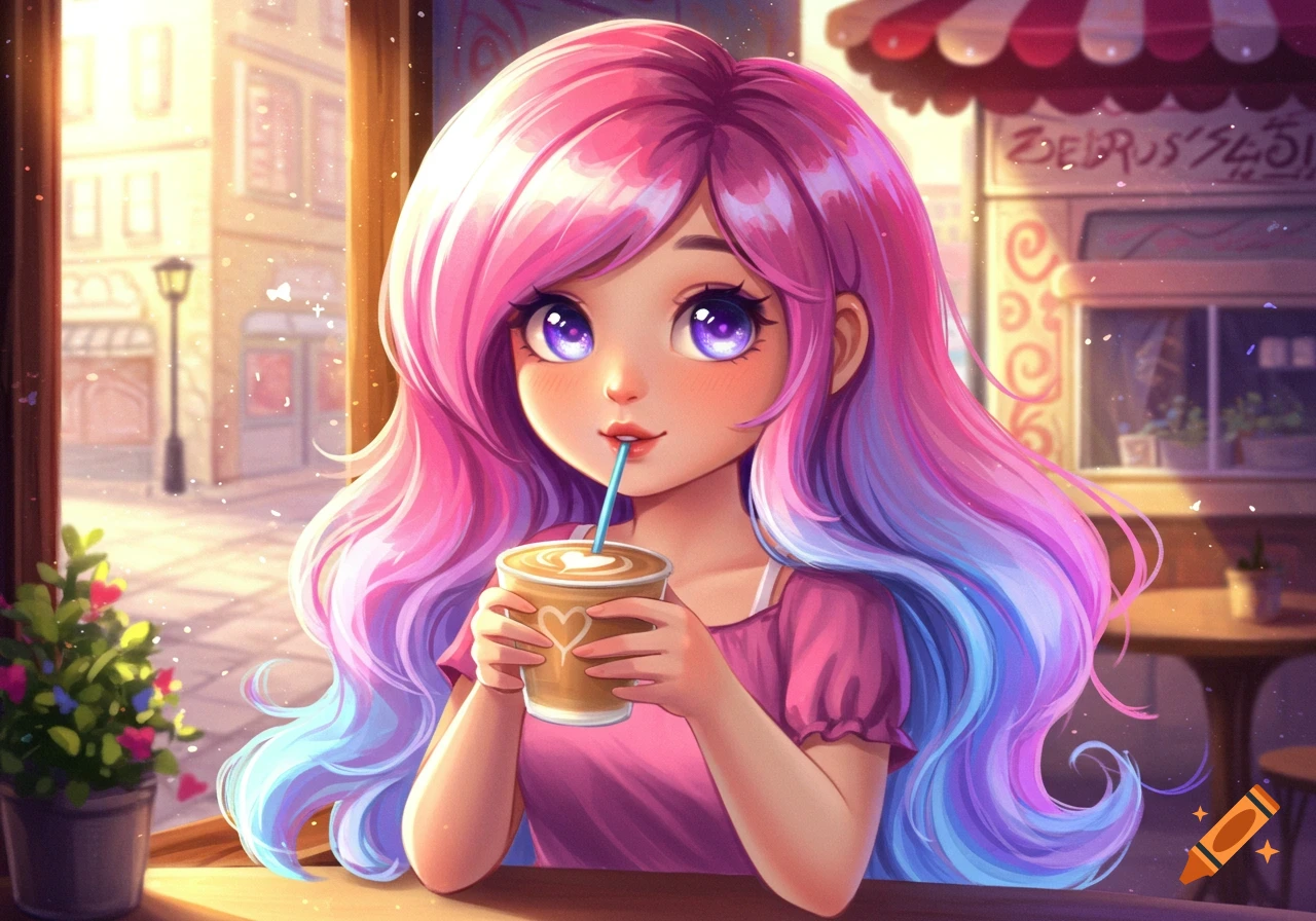 A cute anime girl with long, flowing pink, purple, and blue hair sips a drink with a straw while sitting in a sunny cafe.