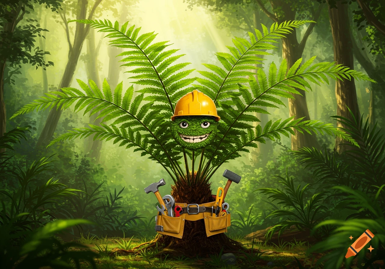 A cartoon tree fern with a smiling face wearing a yellow hard hat and a contractor's toolbelt in a forest.