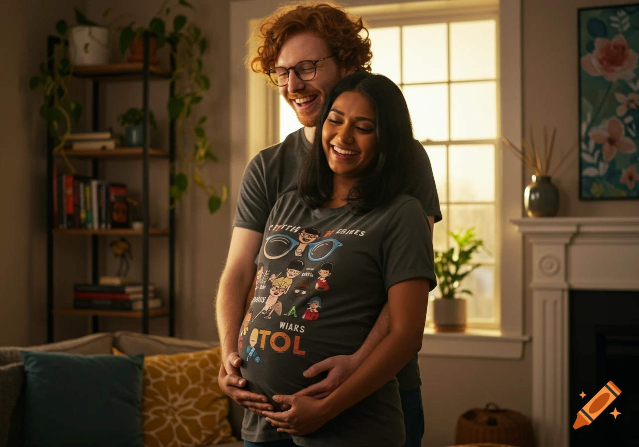 A red-haired man wearing glasses hugs a pregnant Indian woman from behind in a warm living room, both smiling.