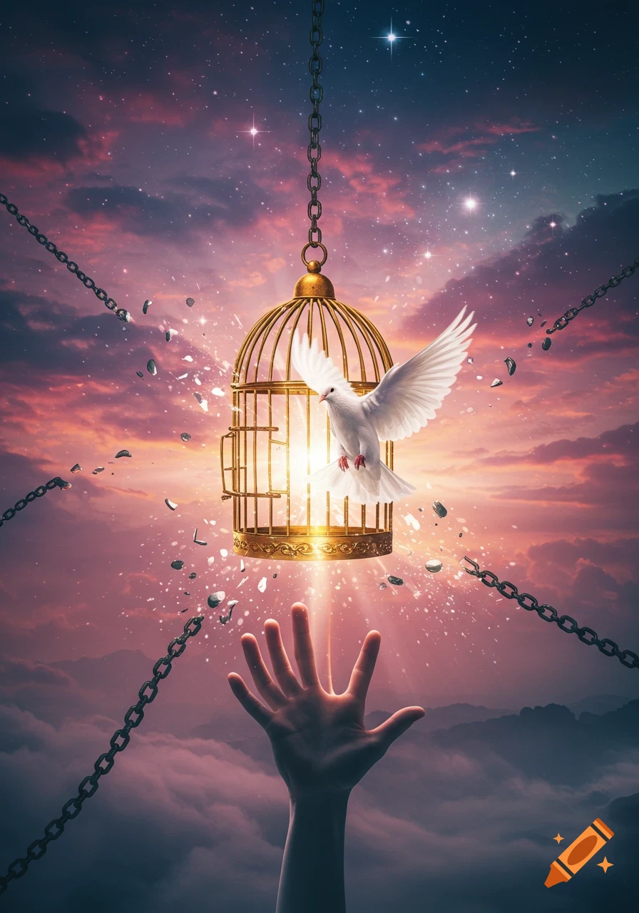 A white dove escapes a broken golden birdcage with light, as chains shatter and a hand reaches up under a starry sky.