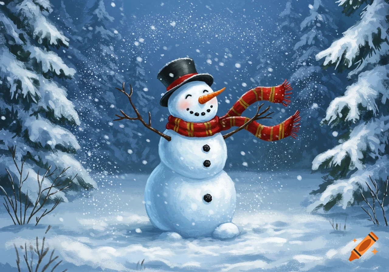 A joyful snowman with a top hat and red scarf stands in a snowy forest while snow falls.