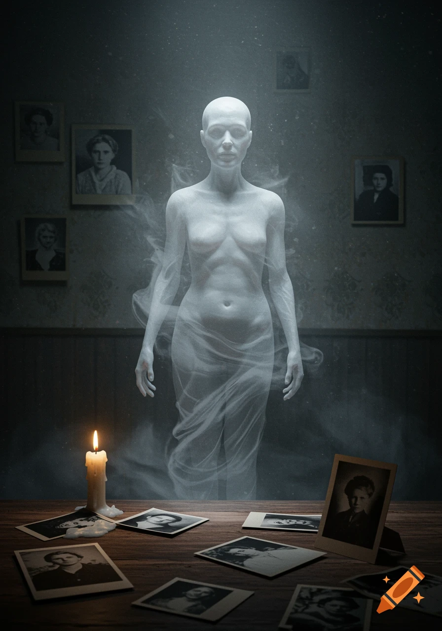 A translucent ghost of a bald woman hovers in a dark room with old photos on the wall and a table with a lit candle.