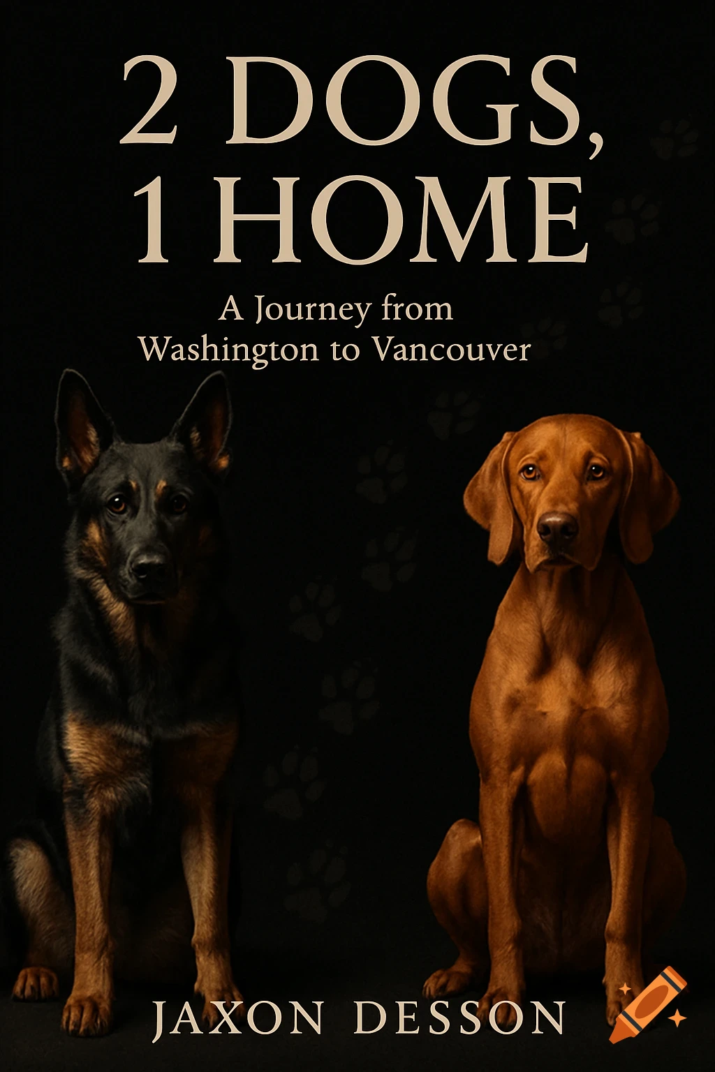 A book cover featuring a German Shepherd and a Vizsla on a black background with paw prints. The title reads '2 DOGS, 1 HOME'.