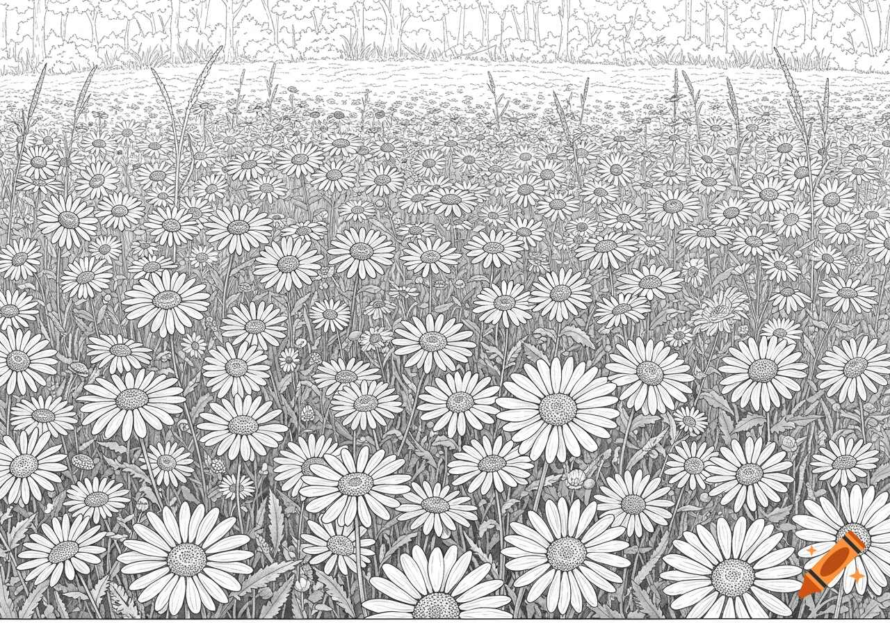 A detailed black and white line drawing of a field full of daisies with a forest in the background, suitable for a coloring page.