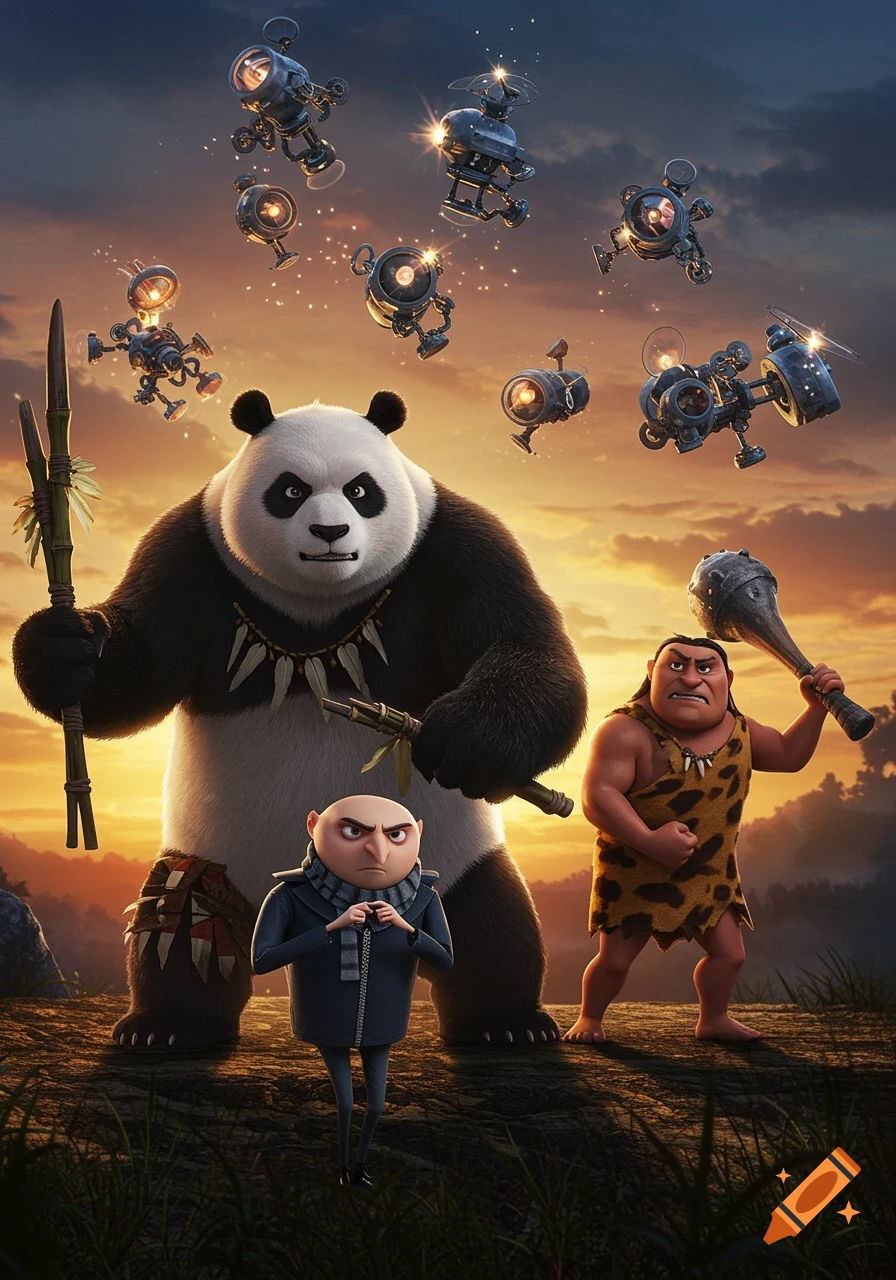 A large panda, a caveman, and Gru from Despicable Me stand on a hill at sunset, surrounded by flying robots.
