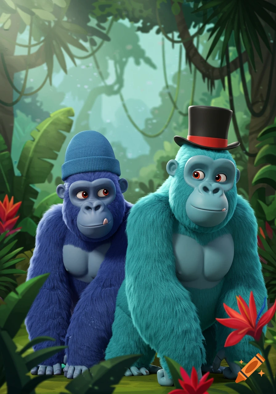 Two animated gorillas in a jungle; one blue with a beanie, the other turquoise with a top hat.