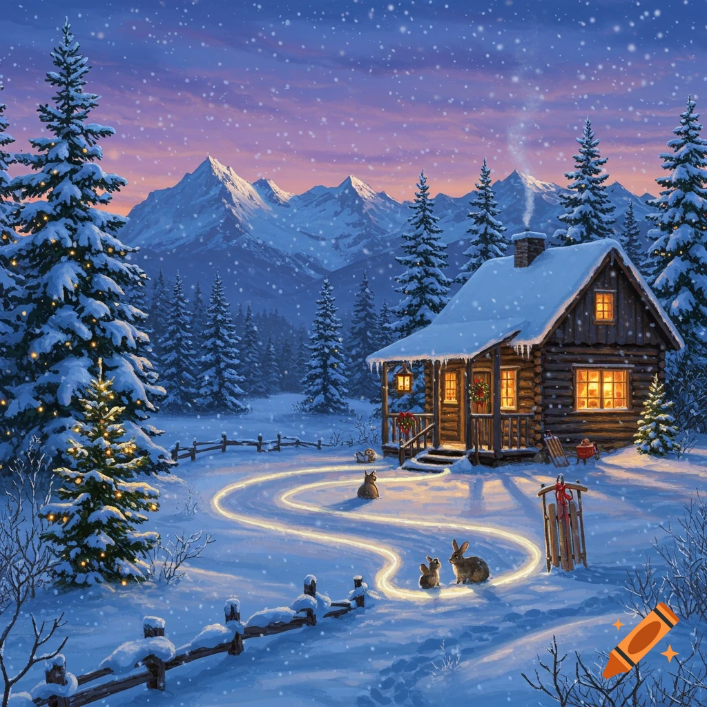 A cozy log cabin nestled in a snowy mountain landscape at dusk, surrounded by pine trees and rabbits, with glowing lights and falling snow.