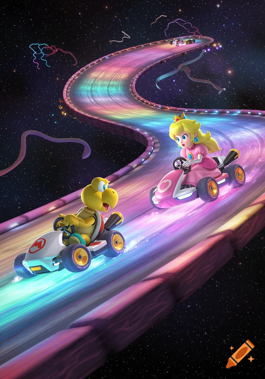 Koopa Troopa and Princess Peach race karts on a colorful Rainbow Road through space, cartoon style.