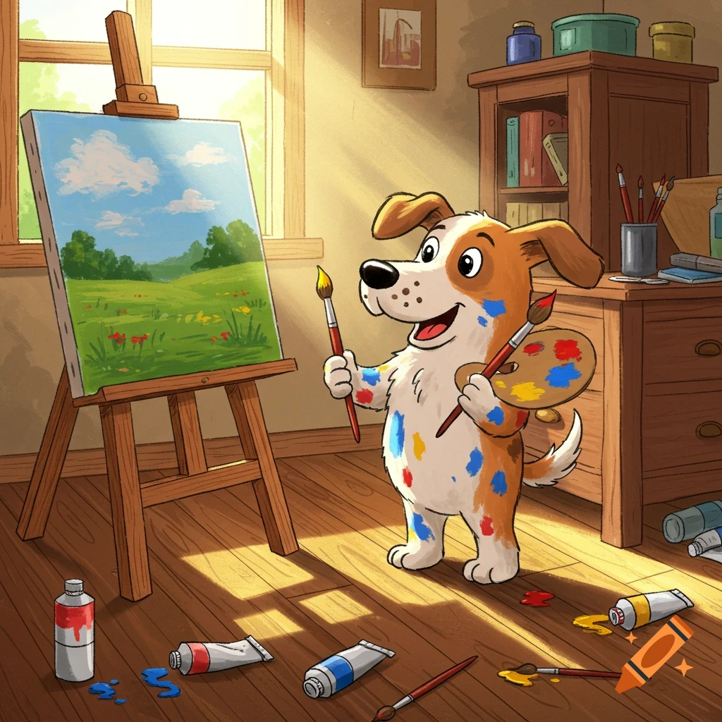 A happy cartoon dog covered in paint stands in front of an easel, holding a paintbrush and a palette, painting a landscape.