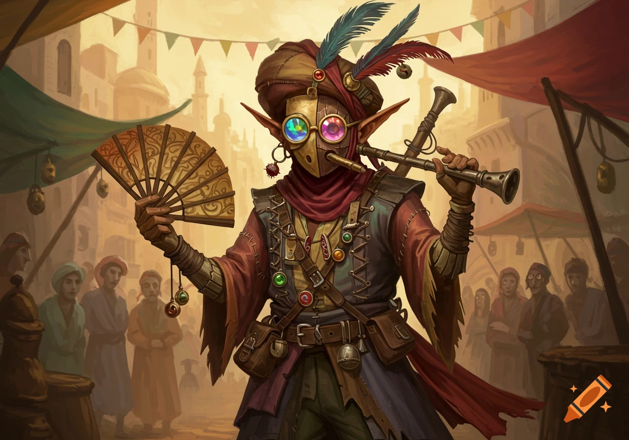 A fantasy character wearing a masked face with colorful goggles, a turban, and feathered hat, holds a fan and flute in a bustling marketplace.