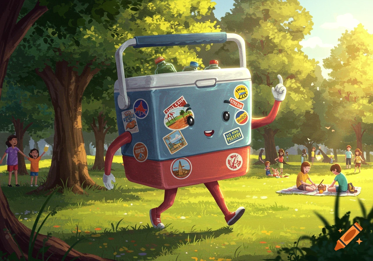 A happy, walking cooler with arms and legs, covered in travel stickers, strolling through a sunny park where people are having a picnic.