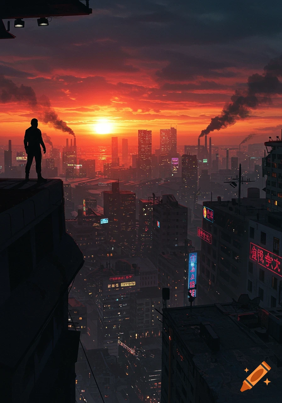 A silhouette of a person stands on a skyscraper rooftop, looking over a sprawling dystopian city at a fiery sunset, with neon signs and factory smoke.