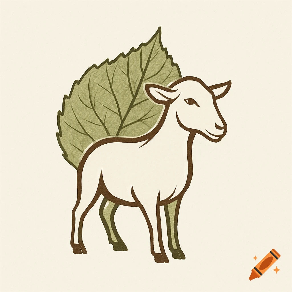 A stylized logo featuring a white goat with brown outlines standing in front of a large green leaf on a cream background.
