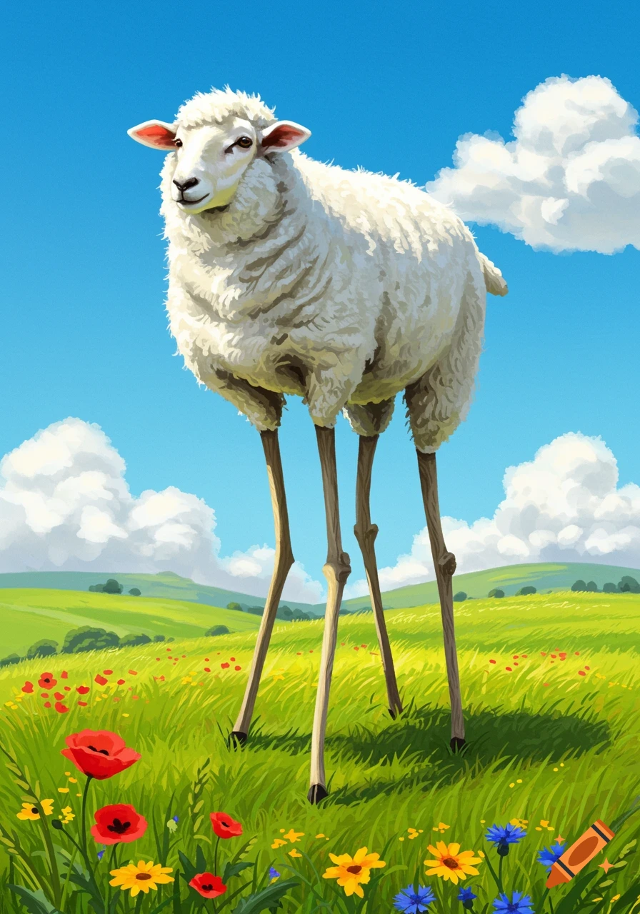A sheep with very long, thin stilt-like legs stands in a vibrant green field with colorful flowers under a bright blue sky with white clouds.