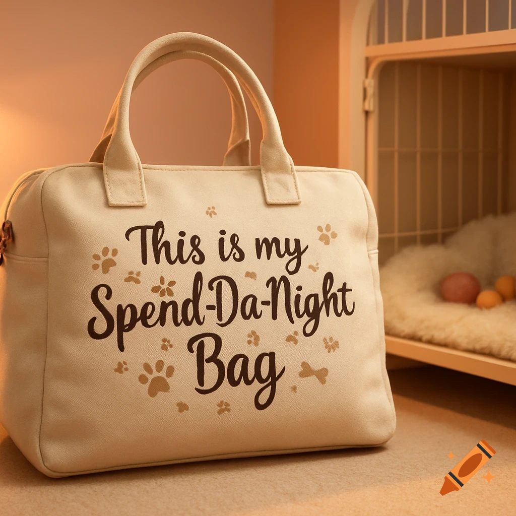 A cream-colored canvas dog bag with 'This is my Spend-Da-Night Bag' printed on it, surrounded by paw prints, next to a pet crate.