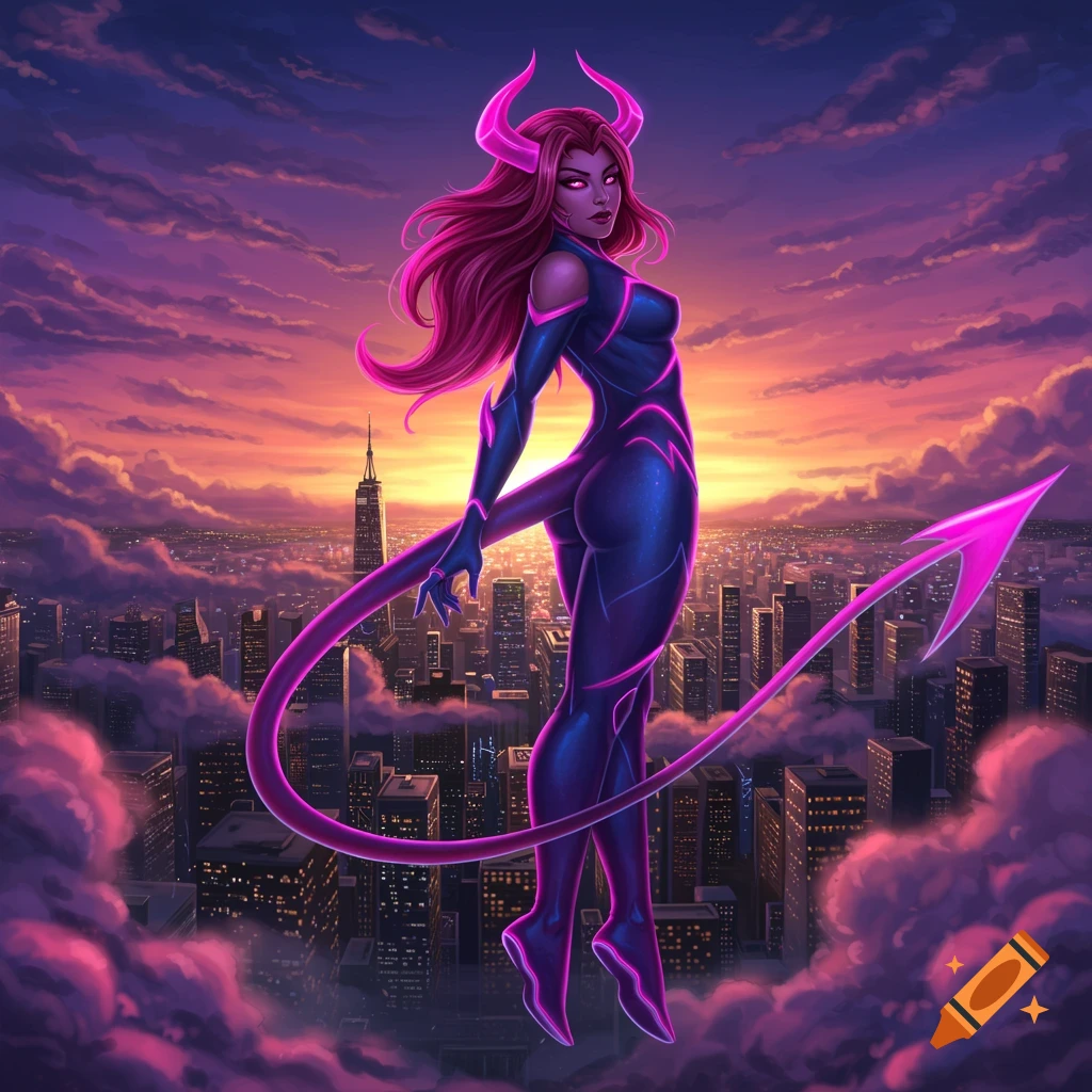 A female character with pink horns, long pink hair, and a tail, wearing a dark blue suit with glowing pink accents, floats above a city at sunset.