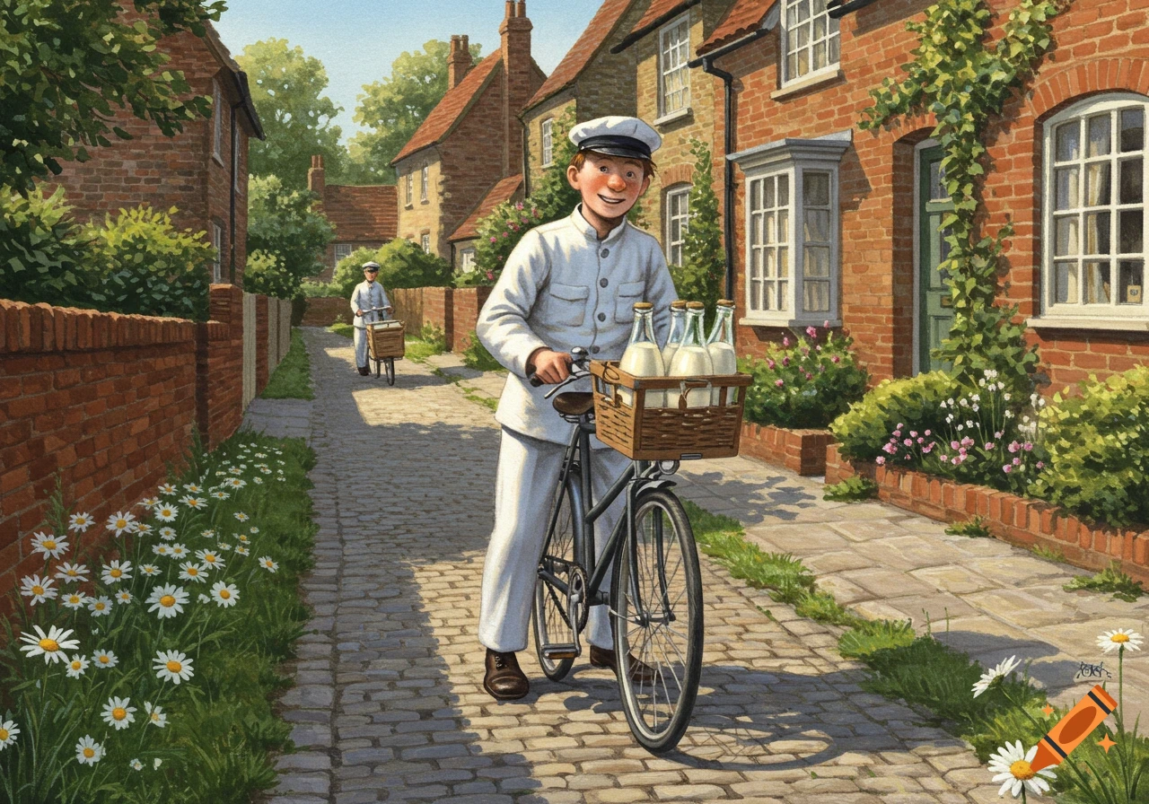 A charming illustration of a smiling milkman in white uniform pushing his bicycle with milk bottles down a cobblestone street in a sunny village.