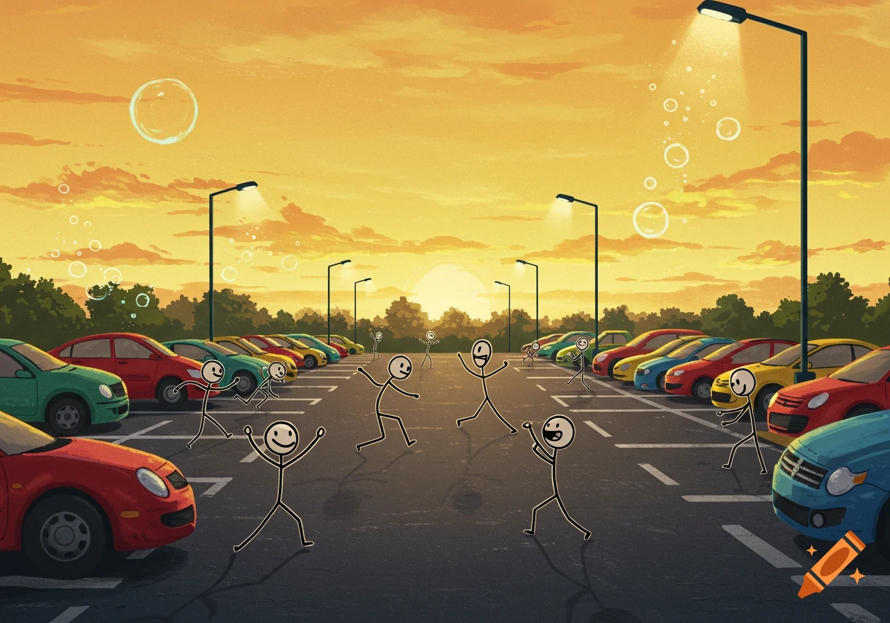 Cartoon illustration of stick figures playing in a parking lot at sunset with cars parked on both sides.