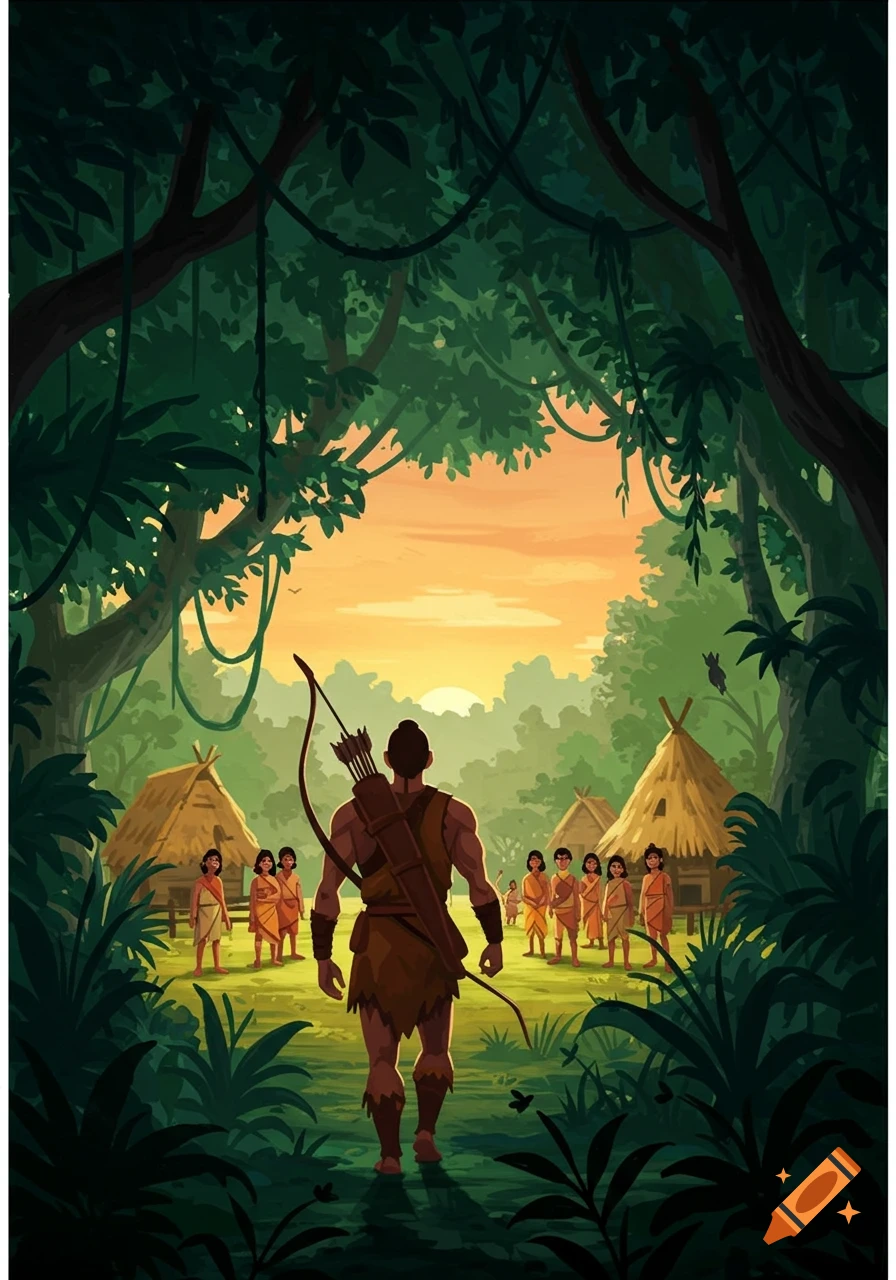 A cartoon illustration of a hunter with a bow walking into a village in the jungle at sunset, facing a group of villagers.