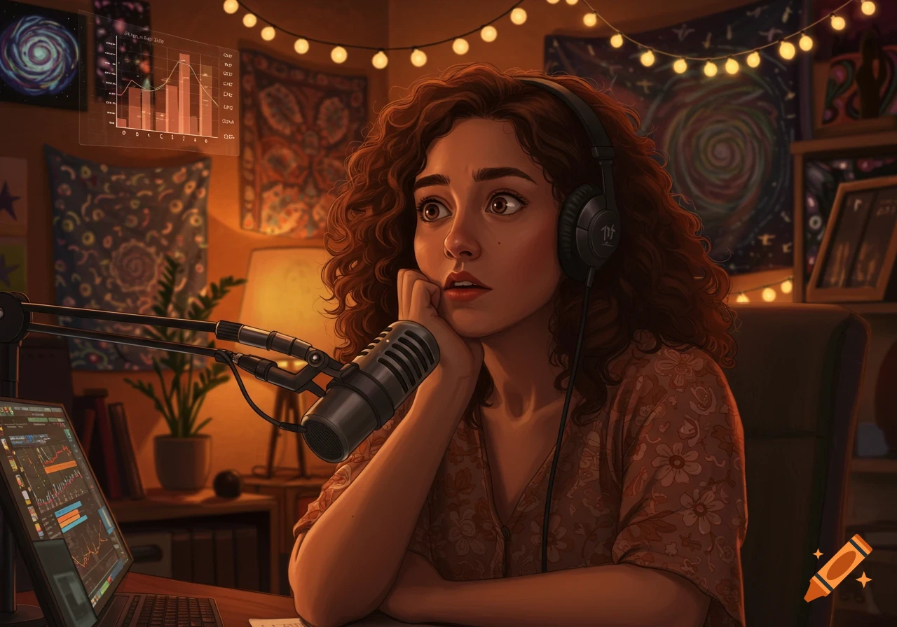 A young woman with curly brown hair wearing headphones sits at a desk with a microphone, looking contemplatively at a floating holographic graph.