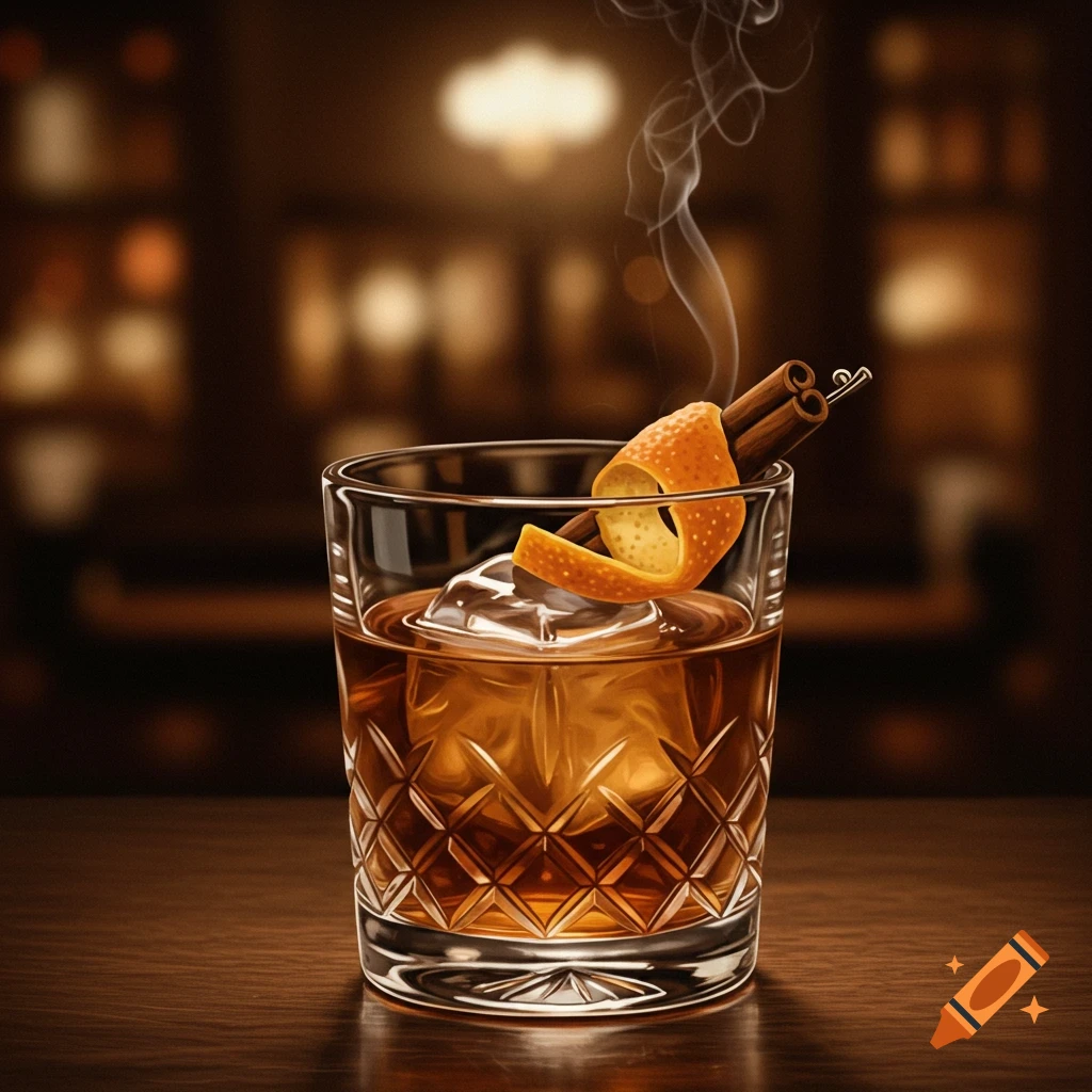A photorealistic Old Fashioned cocktail in a patterned glass with a large ice cube, an orange peel, and smoking cinnamon sticks on a wooden bar, with a blurred bar background.