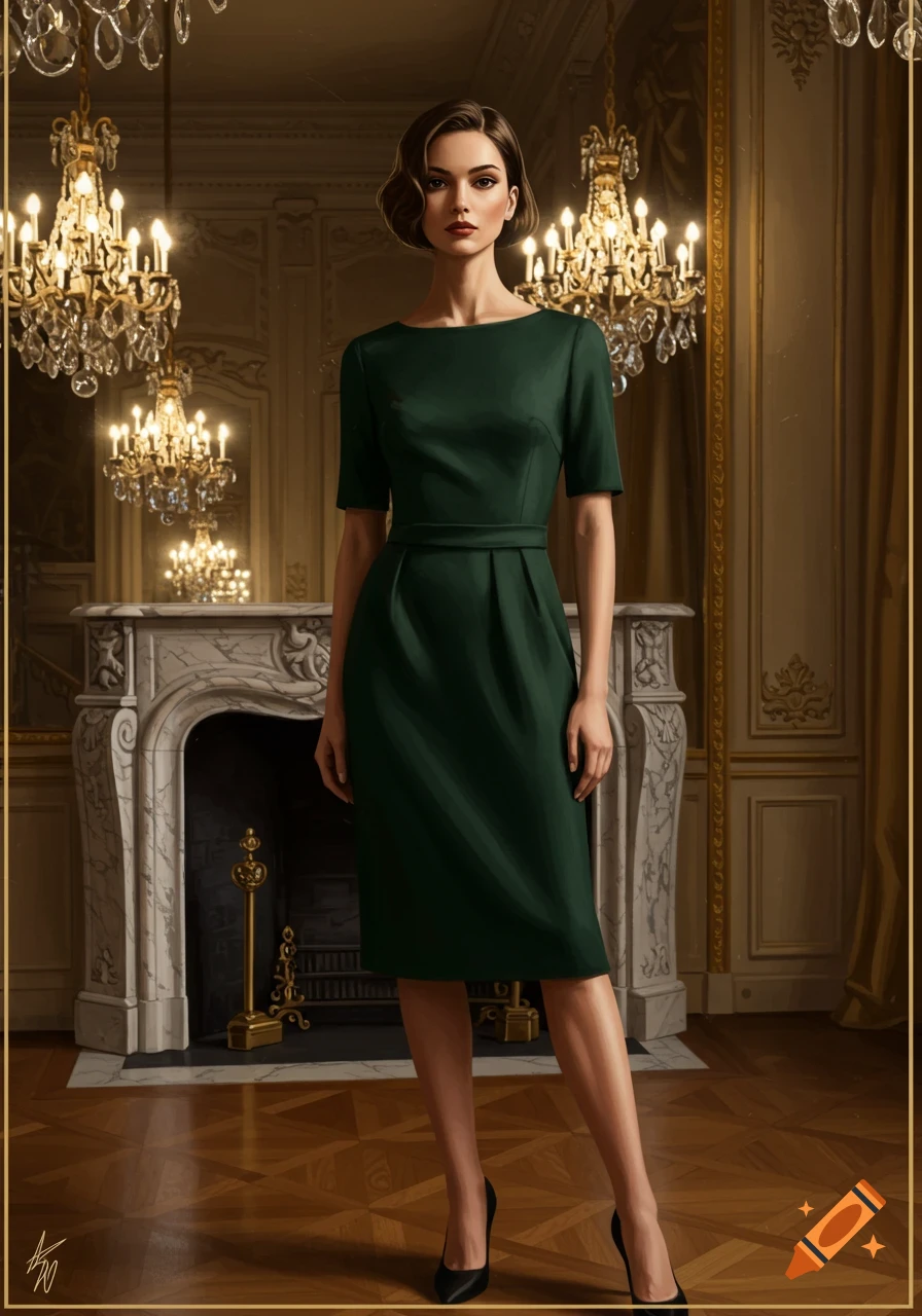 A photorealistic portrait of a woman in a dark green formal dress standing in an elegant room with chandeliers and a fireplace.