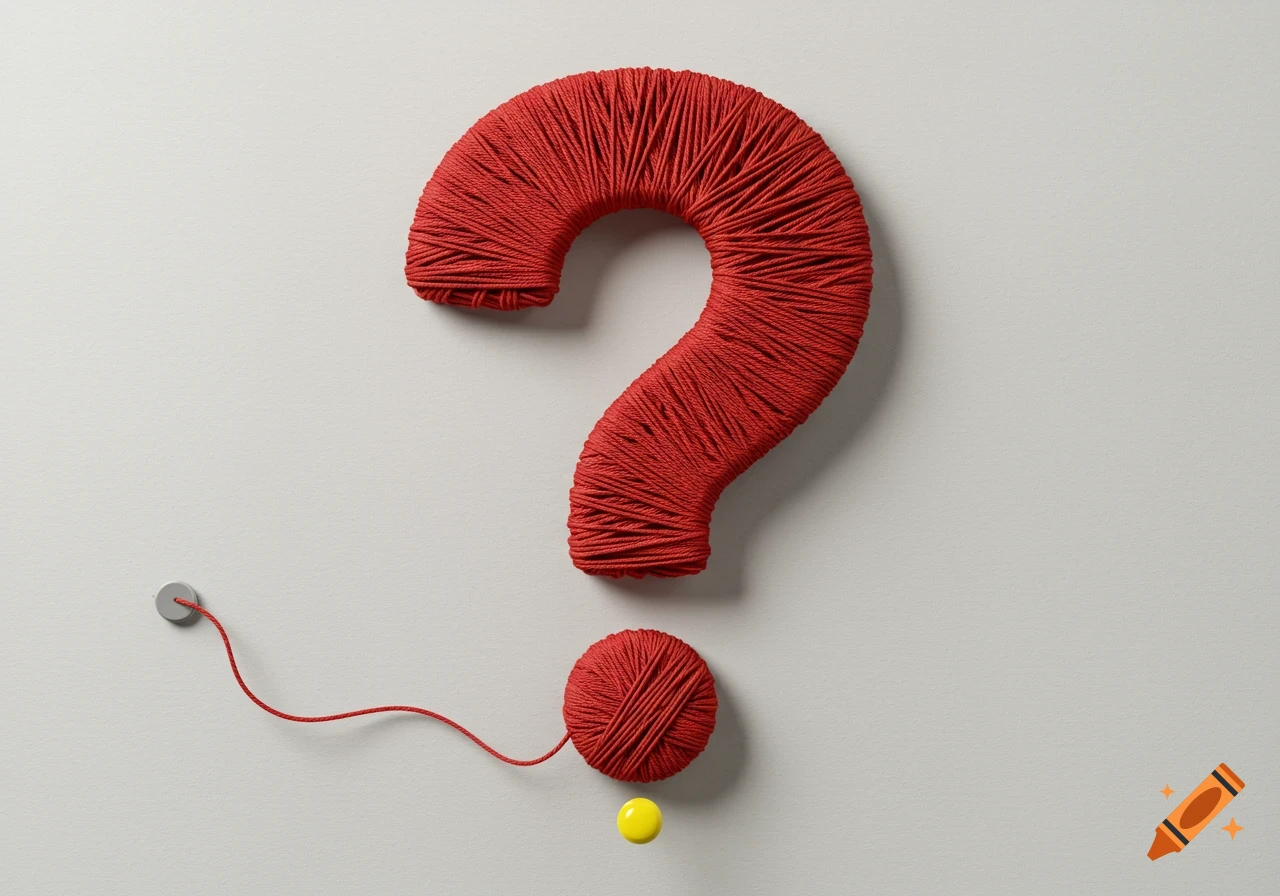 Red yarn question mark on a light gray background, with a yellow thumbtack as the dot and red string leading to a gray thumbtack.