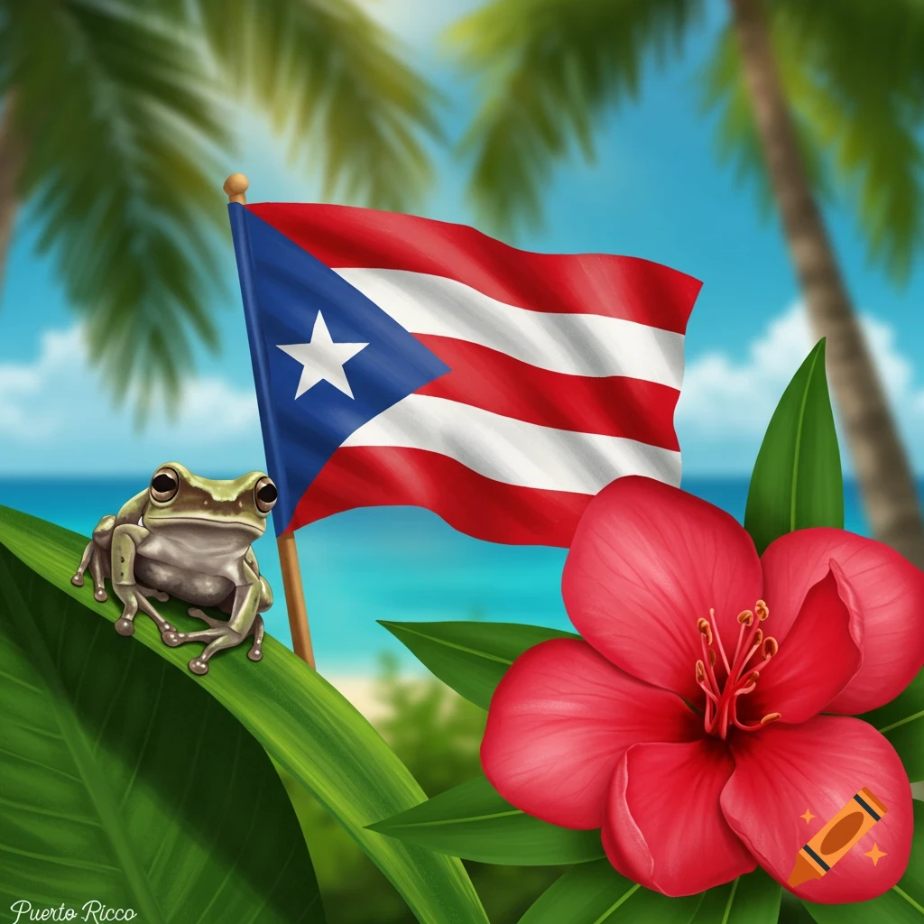 A coqui frog on a leaf with a red hibiscus flower and Puerto Rico flag, tropical beach background.