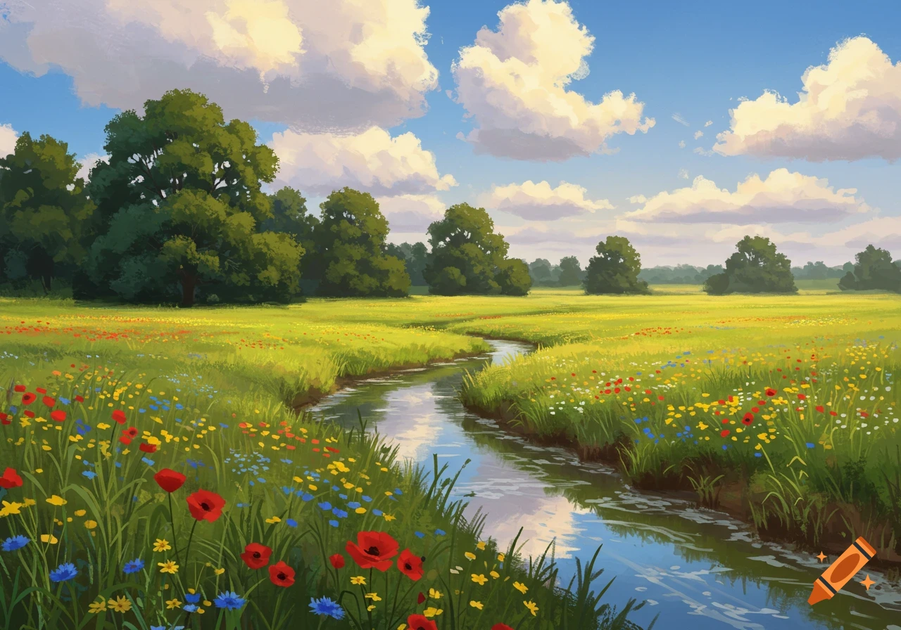 A vibrant painting of a winding stream through a lush green meadow filled with colorful wildflowers, under a blue sky with fluffy clouds.