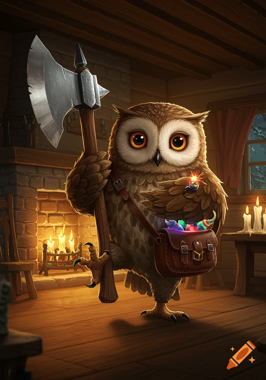 A cute, cartoon owl in a rustic room holds a large axe and a lit fuse for a bomb from its satchel.